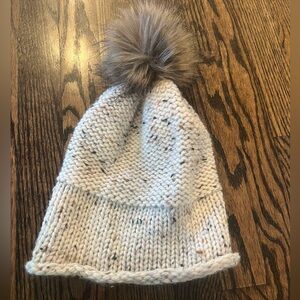 Lizette Knit Wool Blend Winter Beanie Pom Hat Cream with Brown Flecks EUC